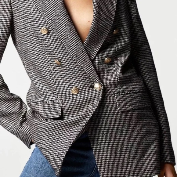 Zara Houndstooth Textured Gold Button Tweed Double Breasted Blazer 2761/255 XS - Picture 4 of 16
